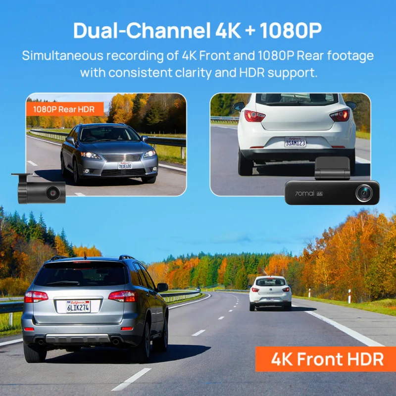 Dashcam 70mai premium avec enregistrement simultané 4K à l'avant et 1080P à l'arrière pour voiture