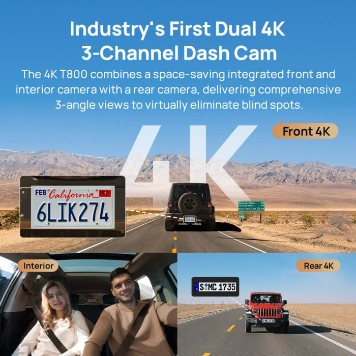 70mai Dashcam T800 Dashcam 4K HDR 3 Canaux – Triple Caméra Avant/Arrière/Intérieure, WiFi 6, GPS & ADAS – Image 2