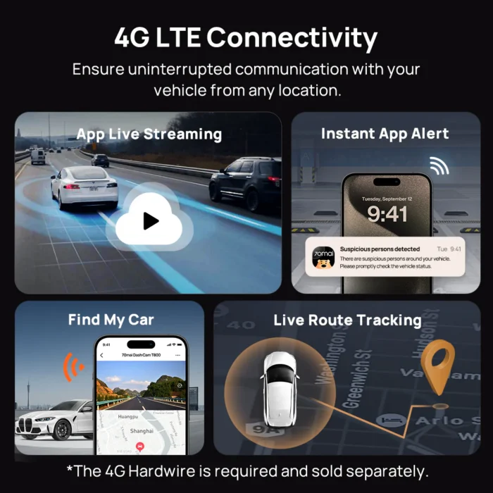 70mai Dashcam T800 Dashcam 4K HDR 3 Canaux – Triple Caméra Avant/Arrière/Intérieure, WiFi 6, GPS & ADAS – Image 5