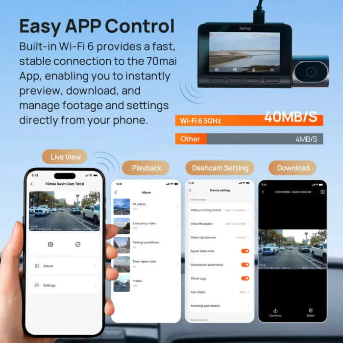 70mai Dashcam T800 Dashcam 4K HDR 3 Canaux – Triple Caméra Avant/Arrière/Intérieure, WiFi 6, GPS & ADAS – Image 4