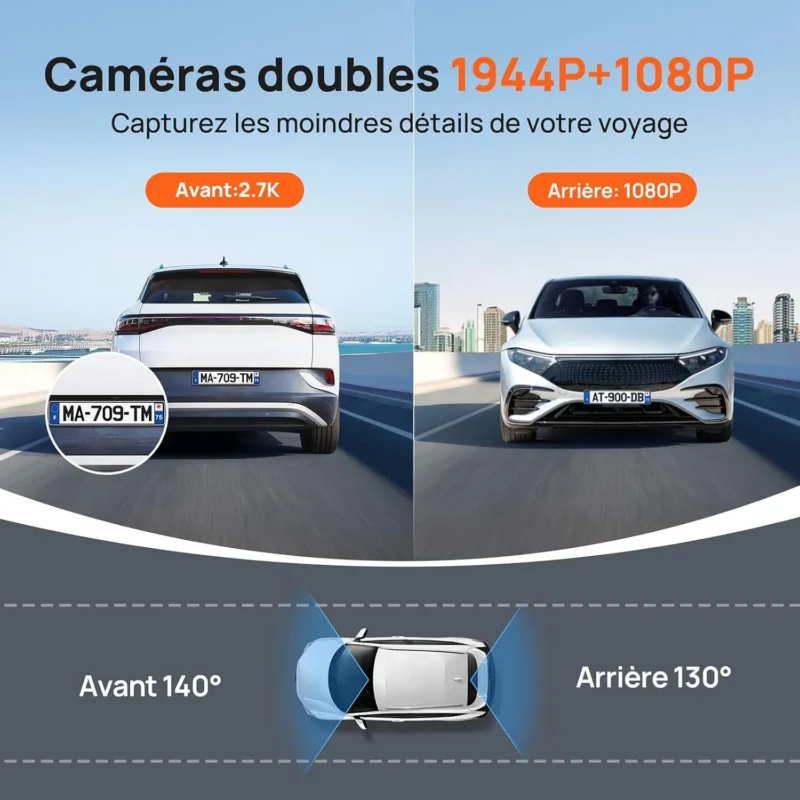 Dashcam double premium pour voiture avec caméra avant 2.7K et caméra arrière 1080P grand angle