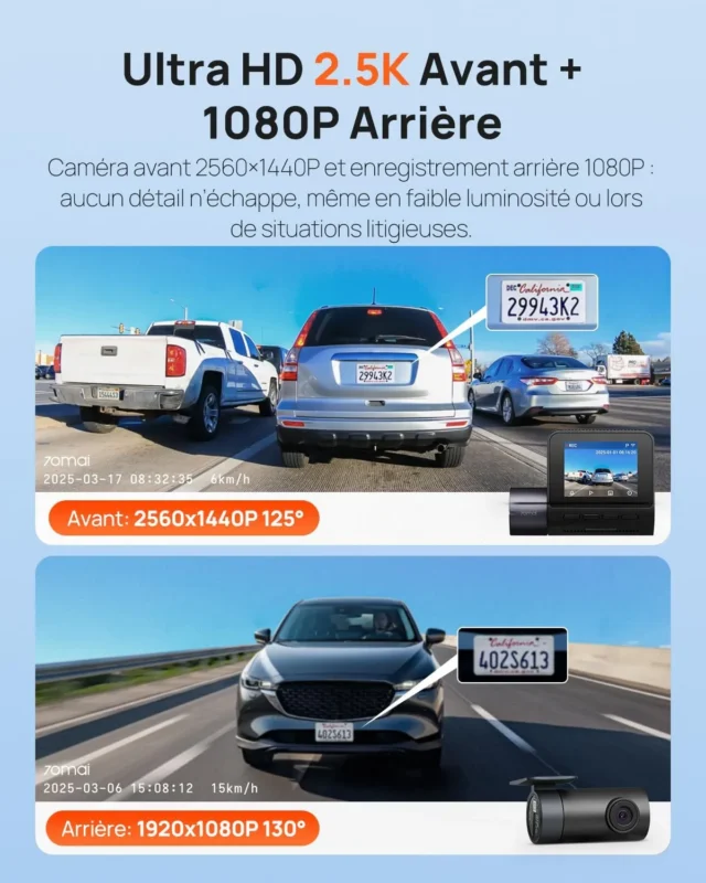 Caméra de bord premium 70mai Ultra HD 2.5K avant et 1080P arrière pour voiture
