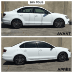 Transformation avant/après d'une voiture blanche avec installation de vitres teintées premium par Roh Accessoires, offrant style, protection UV et intimité pour votre auto en France et au Maroc.