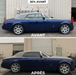 Rolls-Royce décapotable bleue avec vitres claires (avant) et teintées (après). Film solaire haut de gamme pour protection, intimité et esthétique. Roh Accessoires France Maroc.