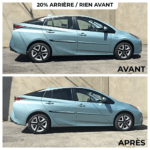 Voiture Toyota Prius bleu clair avant et après installation de films solaires premium pour vitres teintées par Roh Accessoires, offrant protection UV et intimité améliorées pour votre auto en France et Maroc.
