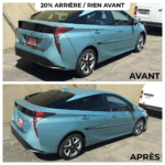 Image avant/après d'une Toyota Prius bleue avec vitres arrière teintées à 20% par Roh Accessoires, soulignant l'amélioration esthétique, la protection solaire et l'intimité. Avant: vitres claires. Après: vitres arrière foncées.