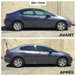Transformation avant-après d'une berline grise avec vitres teintées premium à 35% par Roh Accessoires, soulignant l'amélioration esthétique et la protection solaire.