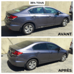 Voiture grise avant et après installation de film teinté premium par Roh Accessoires, offrant sécurité, confidentialité et protection solaire. Améliorez le look et le confort de votre auto en France et au Maroc.