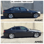 Image comparative d'une BMW Série 5 grise avant et après l'installation de vitres teintées 5% à l'arrière par Roh Accessoires. Valorise l'esthétique premium, l'intimité et la protection solaire du véhicule auto.