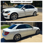Mercedes-Benz blanche avec vitres teintées Roh Accessoires : 5% arrière et 50% avant pour une protection solaire et un style premium. Accessoire auto haut de gamme.