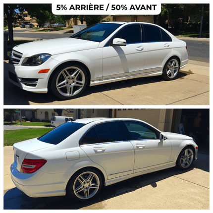 Mercedes Classe C blanche avec vitres teintées 5% arrière et 50% avant, installées par Roh Accessoires. Améliorez la protection solaire, l'intimité et le style premium de votre véhicule en France et au Maroc.