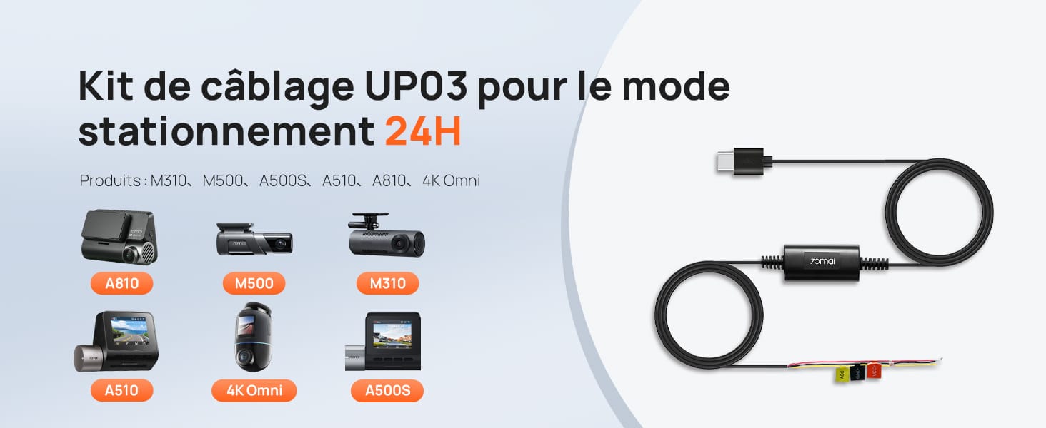 pour le mode stationnement 24 heures sur 24. Les composants comprennent des câbles, des connecteurs et un module de commande. Compatible avec plusieurs modèles de dashcam présentés sous forme d'icônes