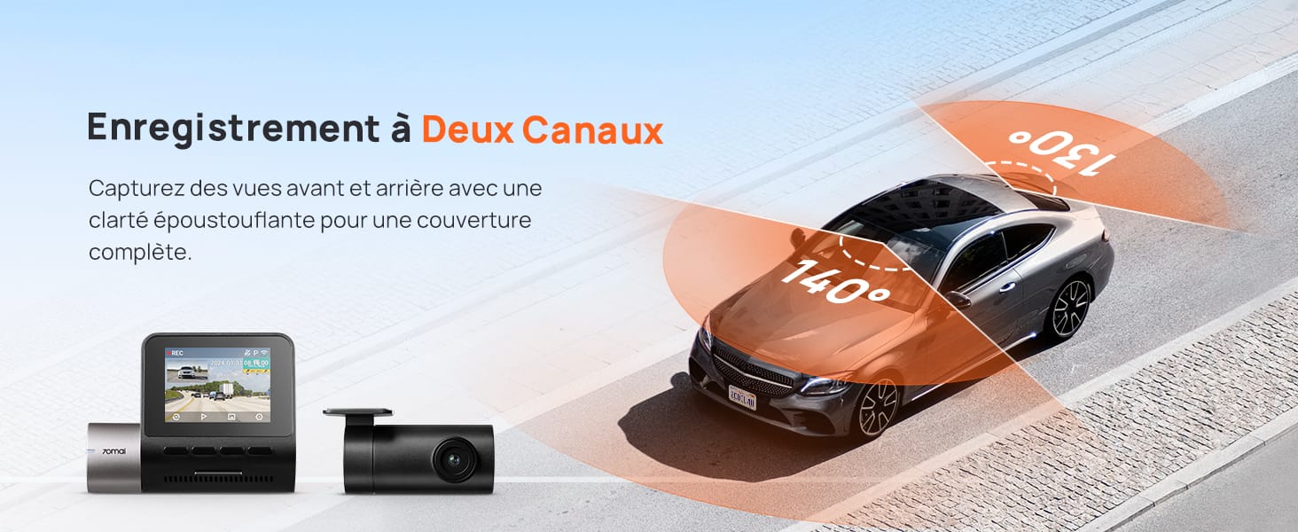 avec touches orange. Le texte décrit la capacité d'enregistrement sur deux canaux. L'image montre une caméra montée sur le pare-brise de la voiture