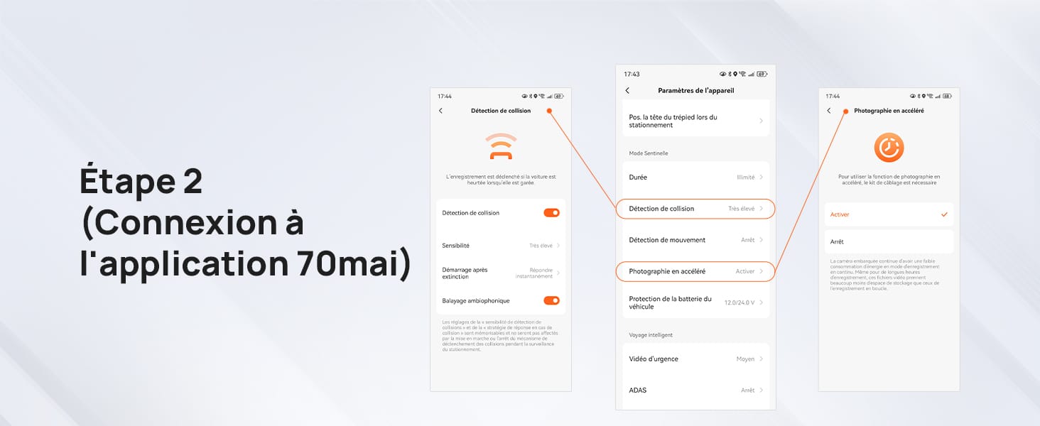 Trois captures d'écran d'un smartphone montrant l'interface utilisateur pour le processus de connexion à une application, intitulée « Étape 2 (Connexion à l'application 70mai) »