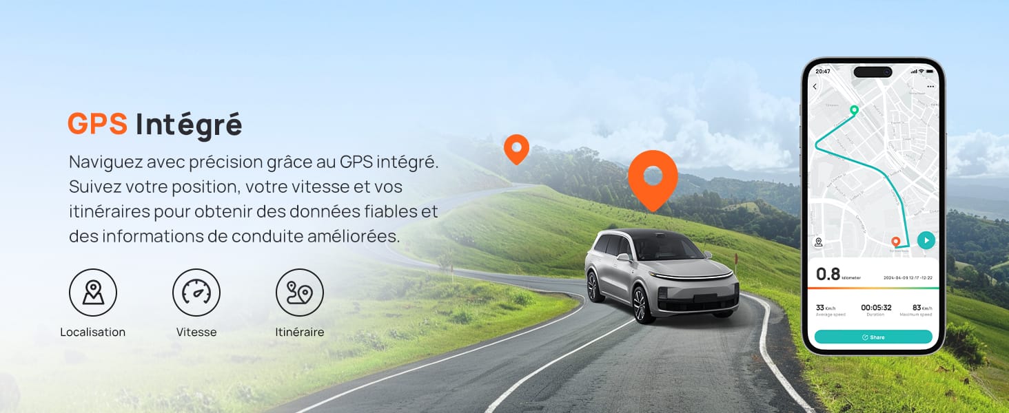 affichant une carte de navigation GPS avec une icône de voiture. Le texte de superposition en français décrit la fonctionnalité GPS intégrée
