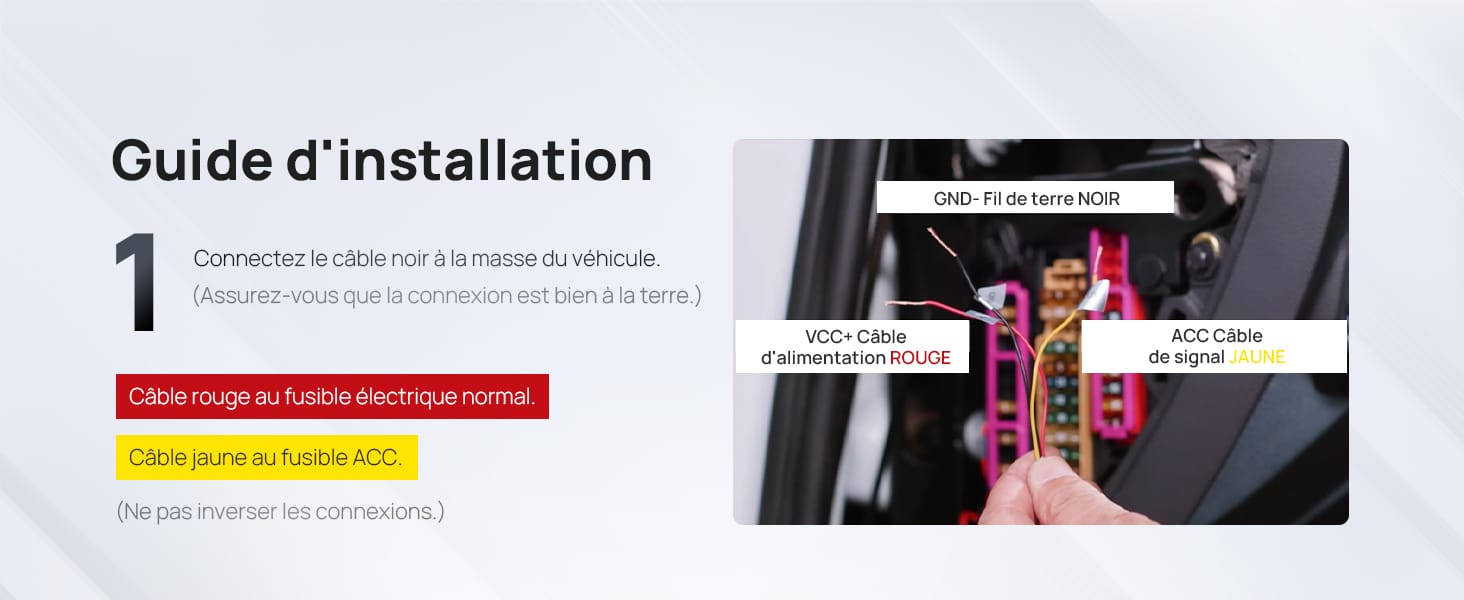 Guide d'installation montrant une main qui insère un fusible dans la boîte à fusibles d'une voiture. L'image met en évidence le placement correct des fusibles dans des emplacements spécifiques