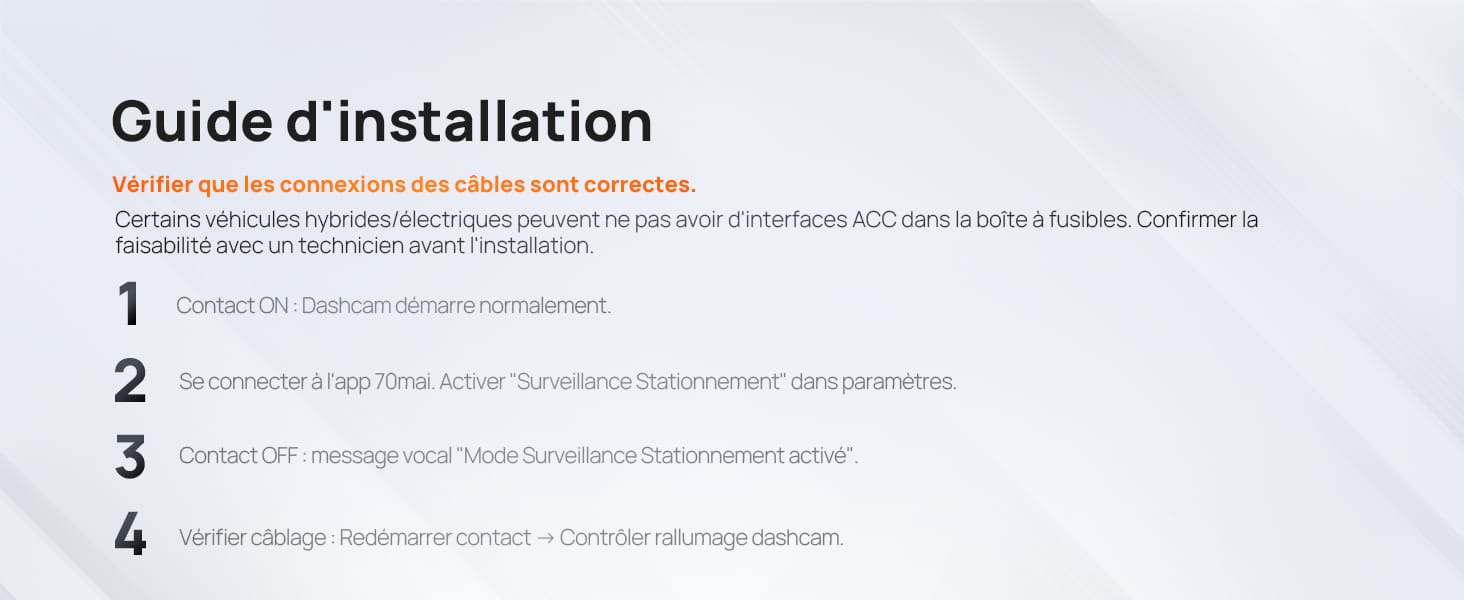 Document de guide d'installation en quatre étapes numérotées en français, fournissant des instructions pour la configuration. Fond blanc avec texte noir.