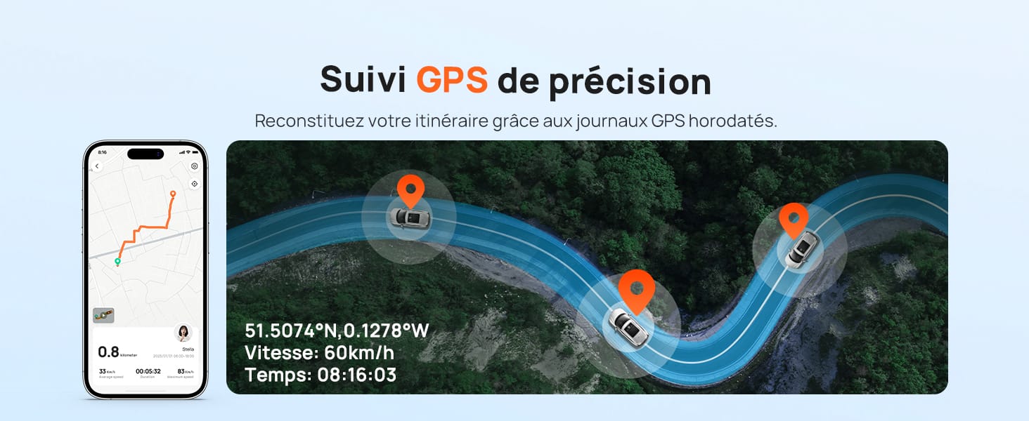 Le texte indique « SUIVI GPS de précision ». Capture d'écran montrant l'interface de suivi GPS avec écran du téléphone et vue aérienne d'une route sinueuse ou d'un chemin avec des marqueurs de localisation.