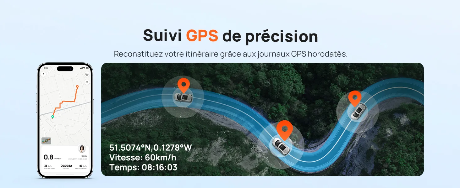 Le texte indique « SUIVI GPS de précision ». Capture d'écran montrant l'interface de suivi GPS avec écran du téléphone et vue aérienne d'une route sinueuse ou d'un chemin avec des marqueurs de localisation.