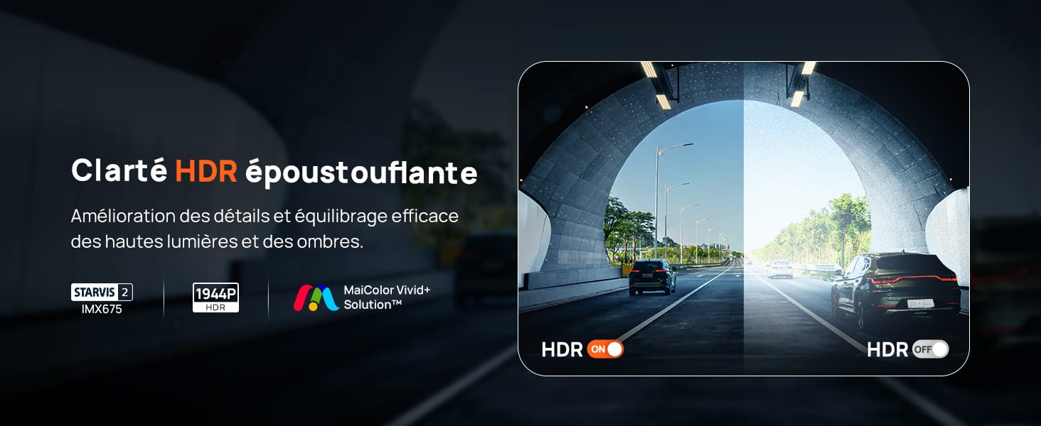 sur écran partagé démontrant la technologie HDR intégrée aux phares de voiture et montrant la différence entre une visibilité standard et