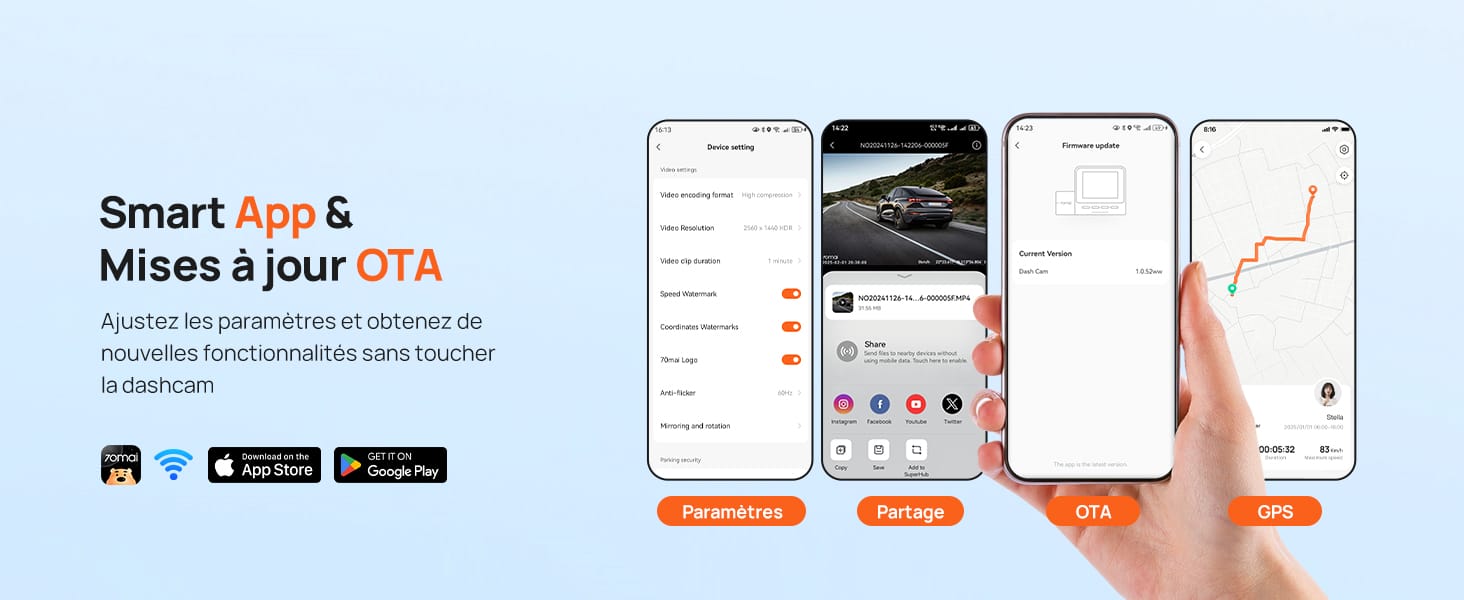 Le texte indique « Outils intelligents » avec les boutons de téléchargement de l'App Store. Plusieurs écrans de smartphone affichant l'interface d'une application financière ou analytique avec des graphiques et une visualisation des données.