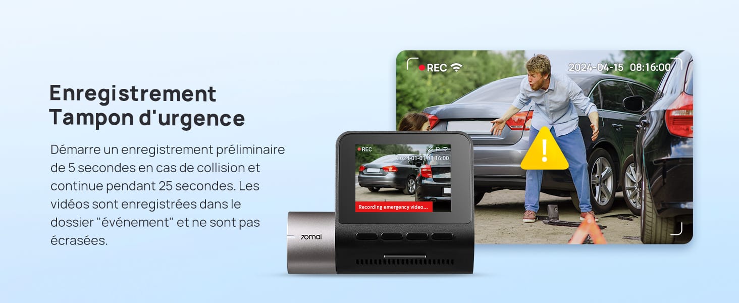 affichant la fonction d'enregistrement d'urgence. Montre l'intérieur d'une voiture avec une personne à l'extérieur, démontrant le fonctionnement de l'appareil.