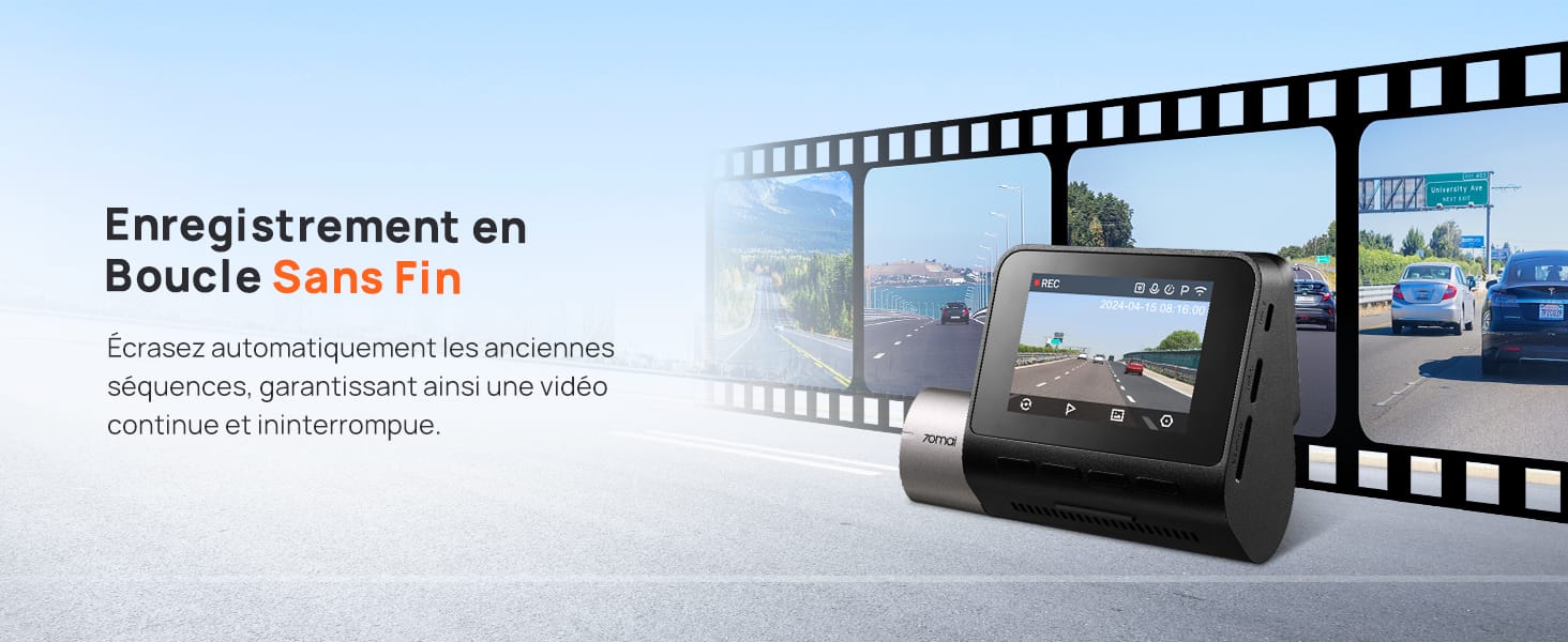 avec écran affichant la vue sur la route. Le texte suggère une fonction d'enregistrement en boucle continue.