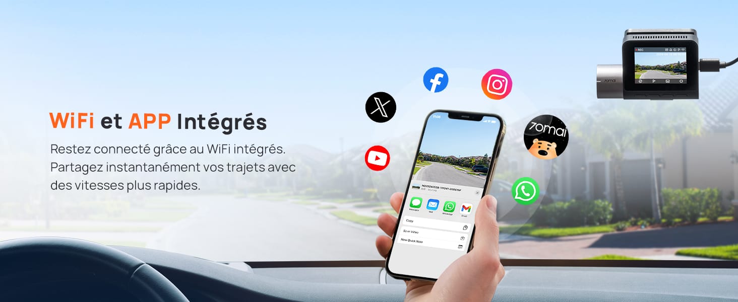 Le texte indique « WIFI et APP Intégrés ». Interface marketing affichant les écrans des applications mobiles et les icônes des réseaux sociaux, notamment Facebook, Instagram et WhatsApp.
